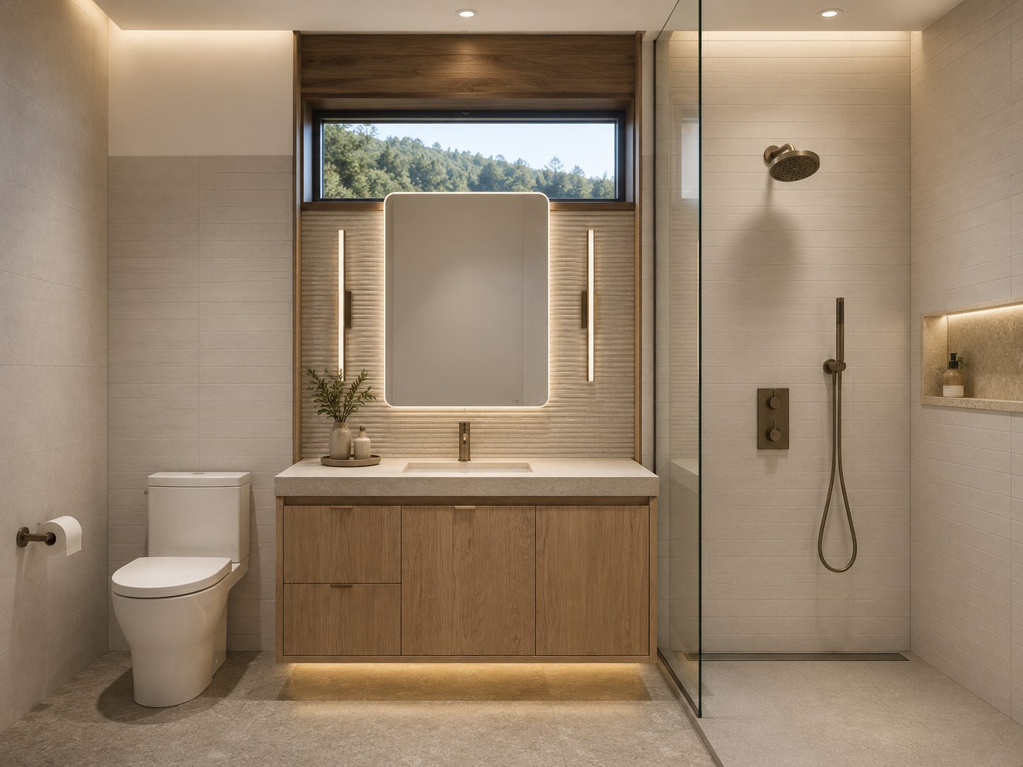 Deep Creek primary bath — oak vanity, stone-clad walk-in shower, clerestory window
