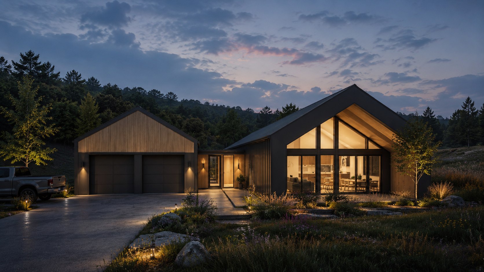 A modern gabled home at dusk — warm wood and glass against a wooded Maryland hillside