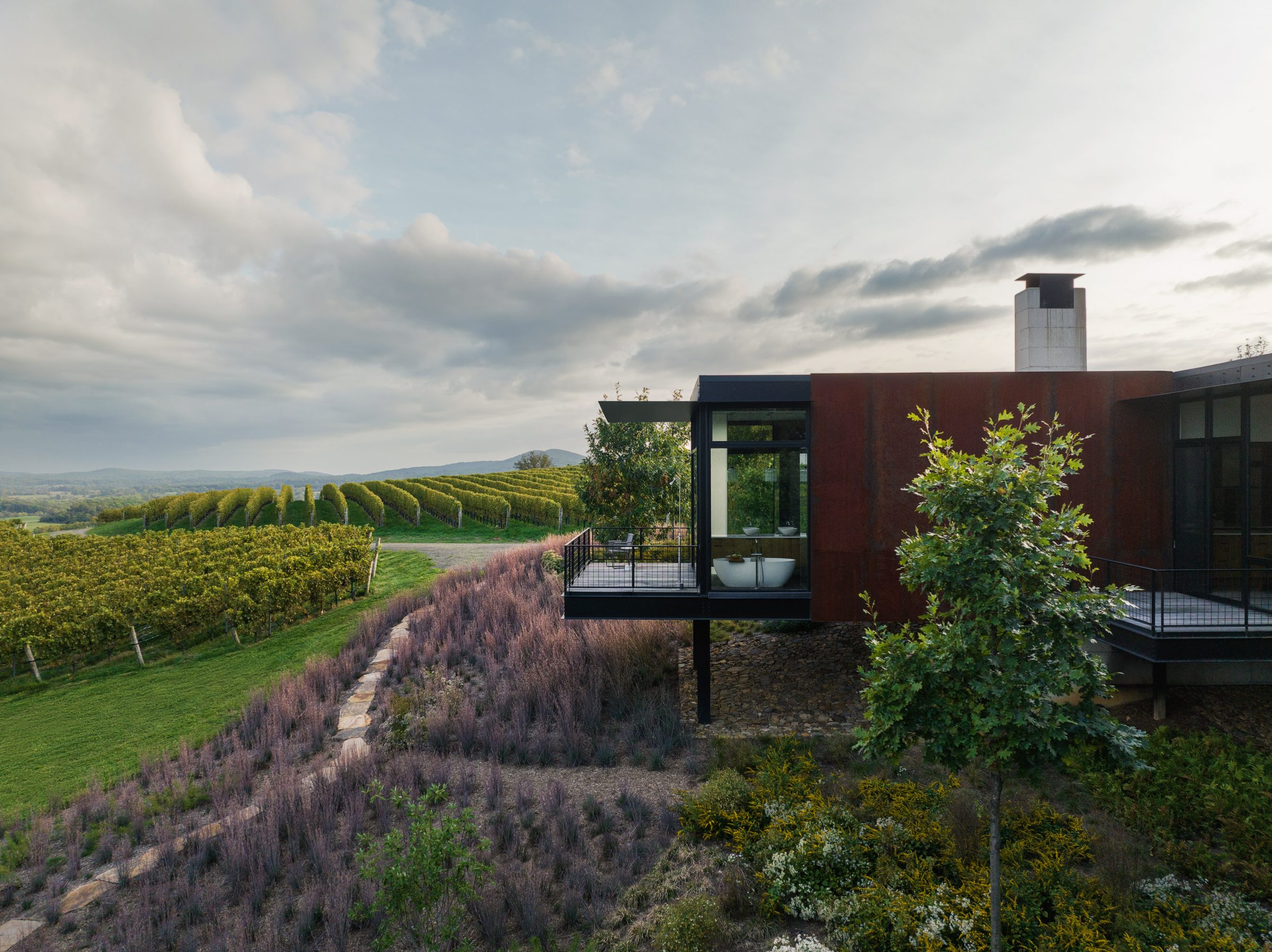 A modern glass-and-steel home cantilevered over a Virginia vineyard, the Blue Ridge beyond