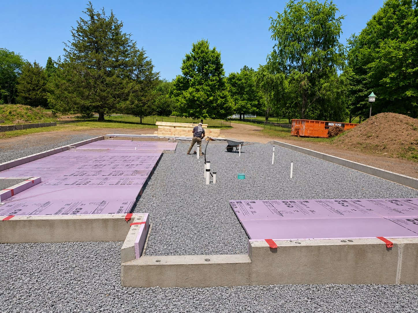 Haymarket slab prep — pink rigid foam insulation laid over a drained stone base inside the foundation walls