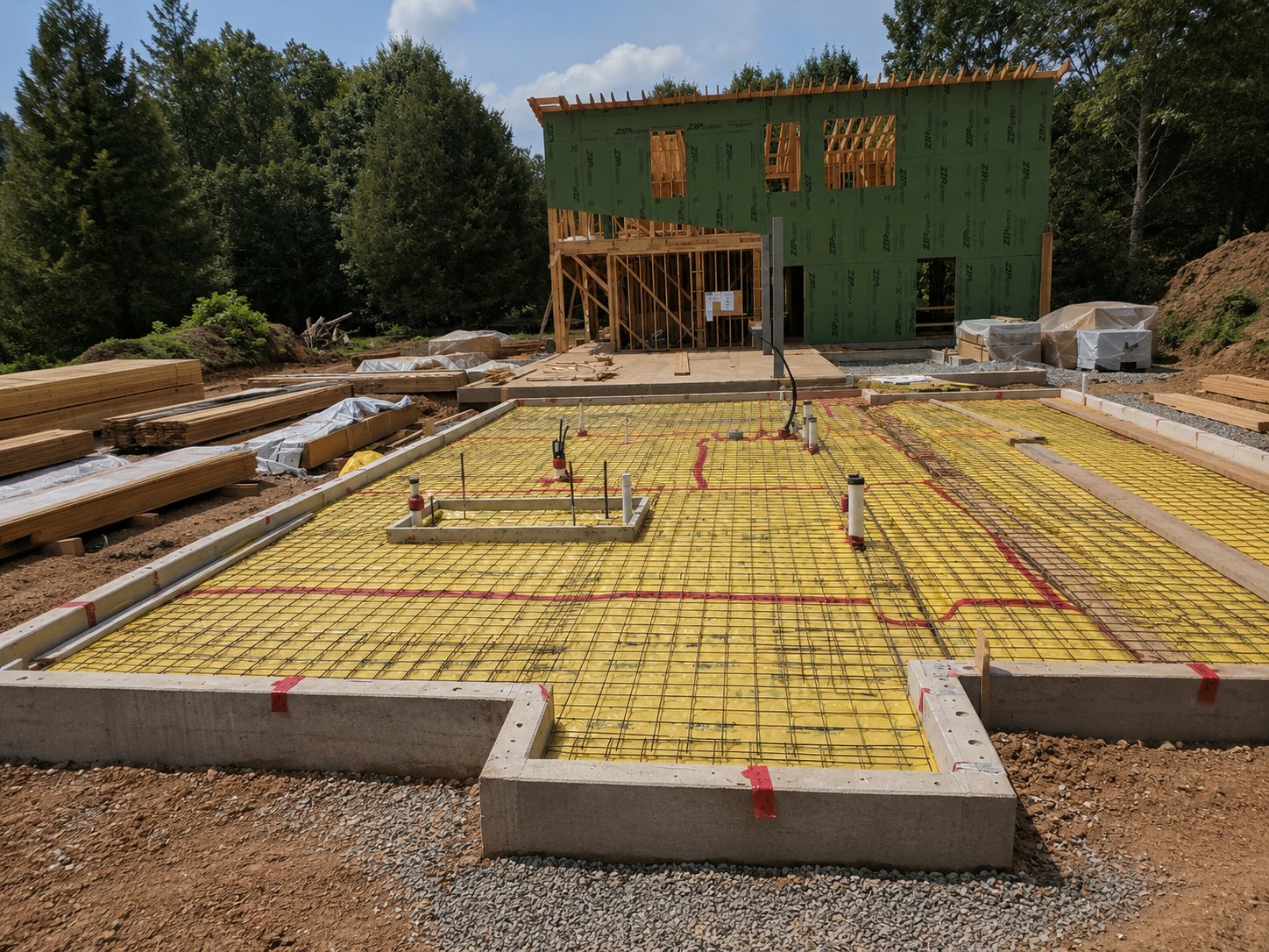 Haymarket high-performance slab ready to pour — Stego vapor barrier, rebar grid, and radiant tubing with the framed house behind