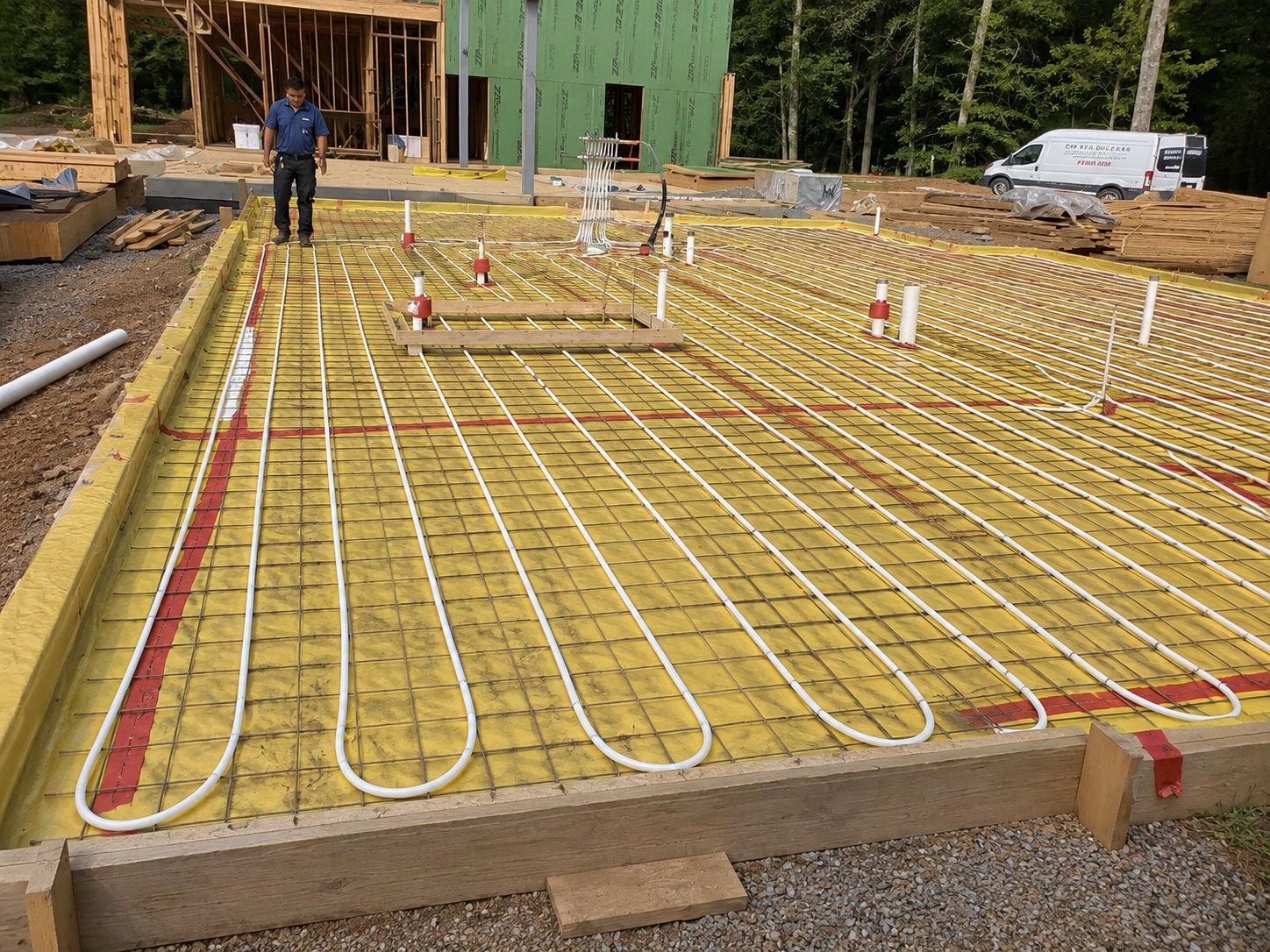 Haymarket slab prep — radiant-floor tubing and rebar laid over a yellow Stego vapor barrier